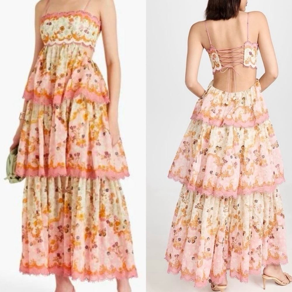 RARE  Zimmermann Laurel Lace Up Floral Pink Frill Maxi  Dress Size AU3/L - Picture 2 of 12